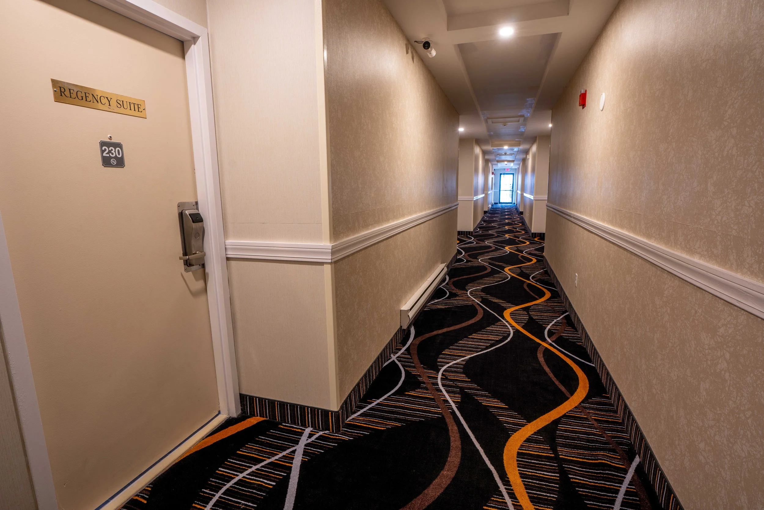 Hotel hallway with a Regency Suite door, room number 230, and colorful abstract carpet.