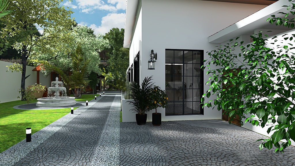 Paisajismo, acceso principal de la vivienda.