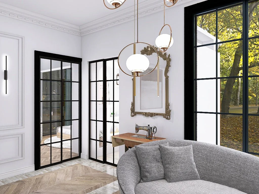 Render Estancia Recibidor. Molduras de escayola, suelo de madera en espiga y barro. Ventanas inteligentes con cuarterones.