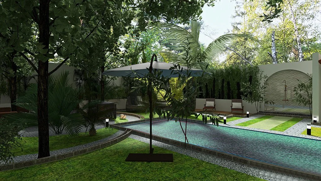 Paisajismo. Diseño de distribución, suelos delimitantes, piscina y zona de ducha y tumbonas.