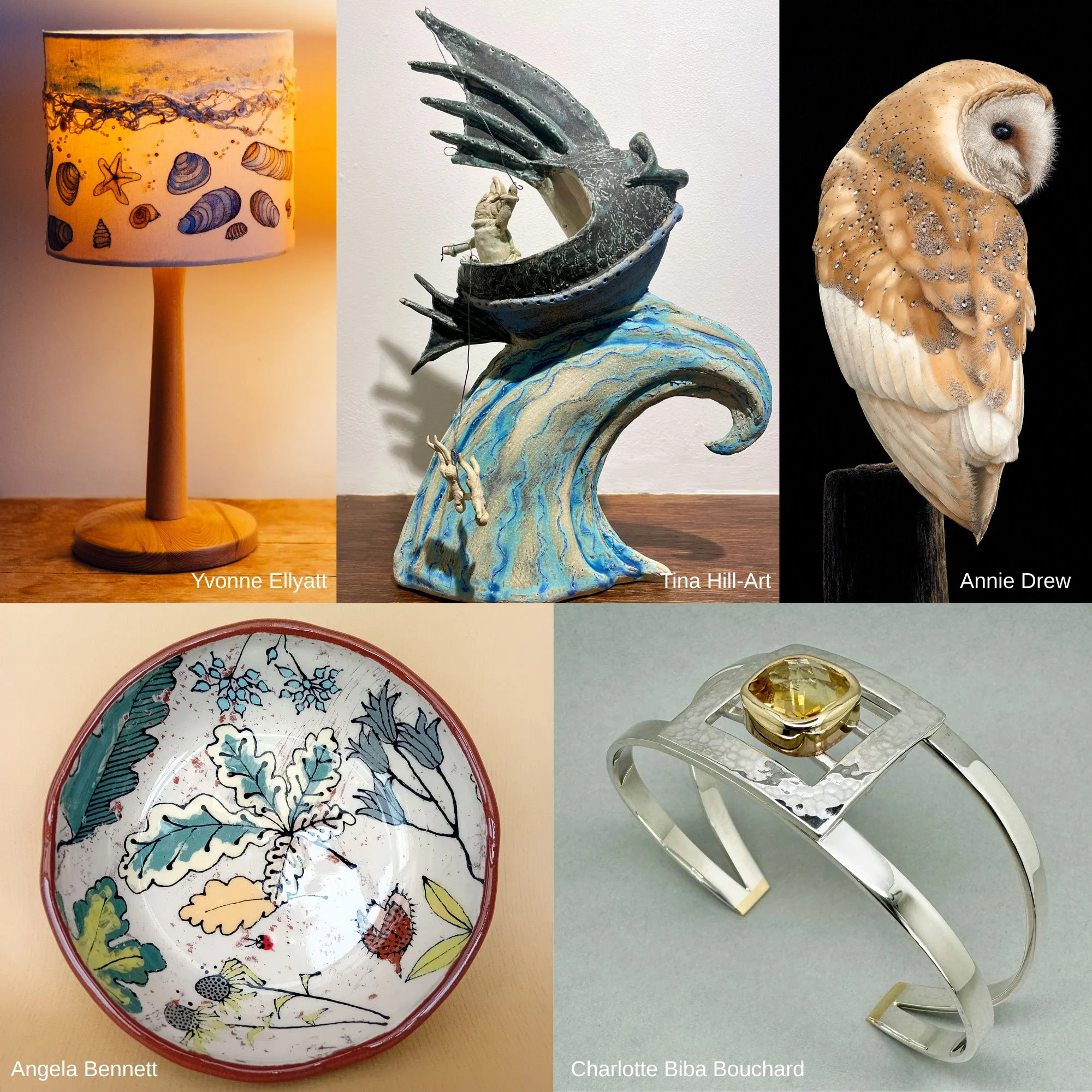Photo montage showing a machine embroidered lamp with seashells, a ceramic sculpture of a fish in a boat on a wave, a naturalistic Barn Owl painting a slipware painted bowl with assorted leaves and a silver and gold bangle with a yellow Citrine
