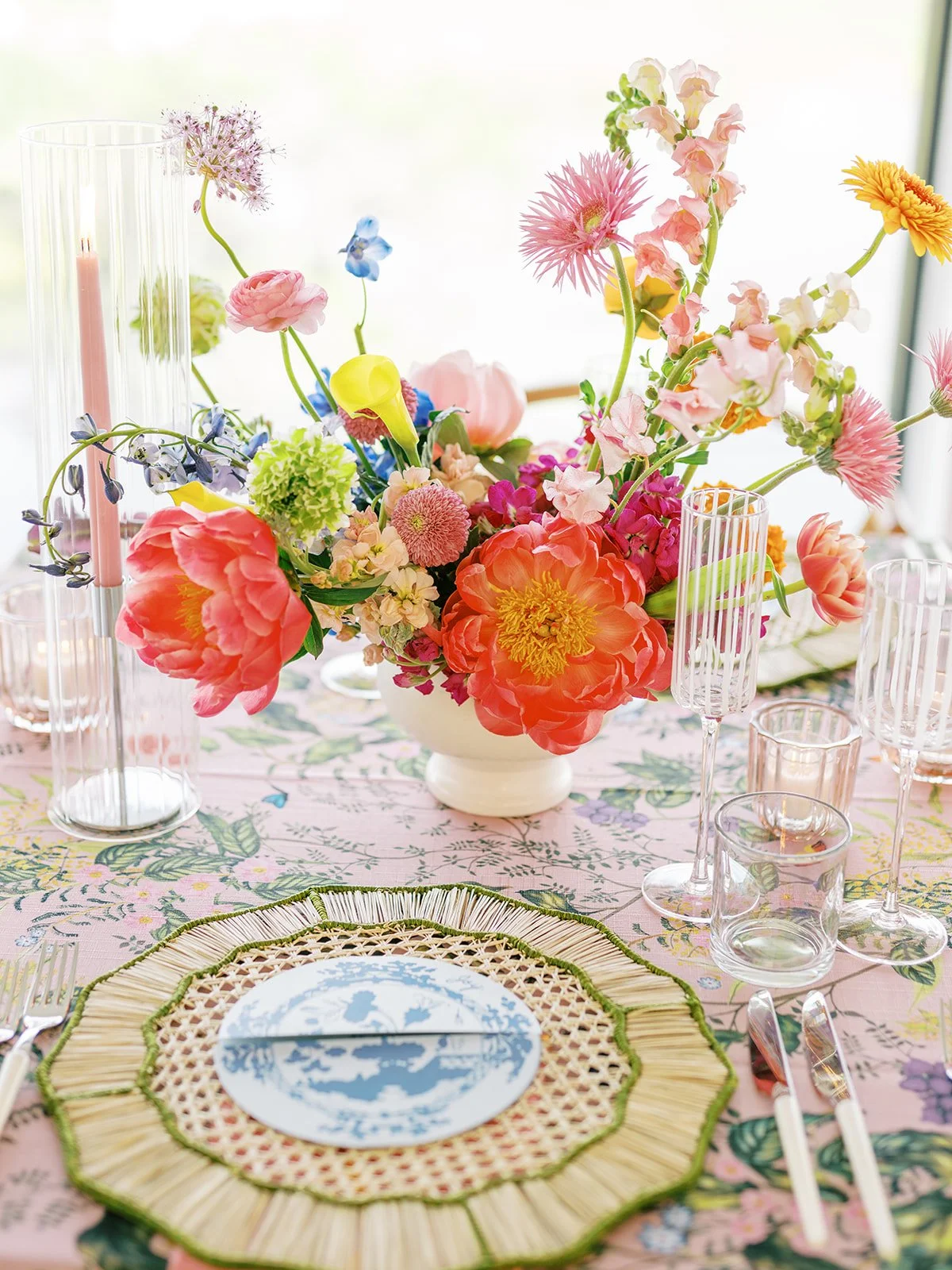  Colorful centerpiece with taper candles in glass holders on green patterned linen at Videre Estate reception 