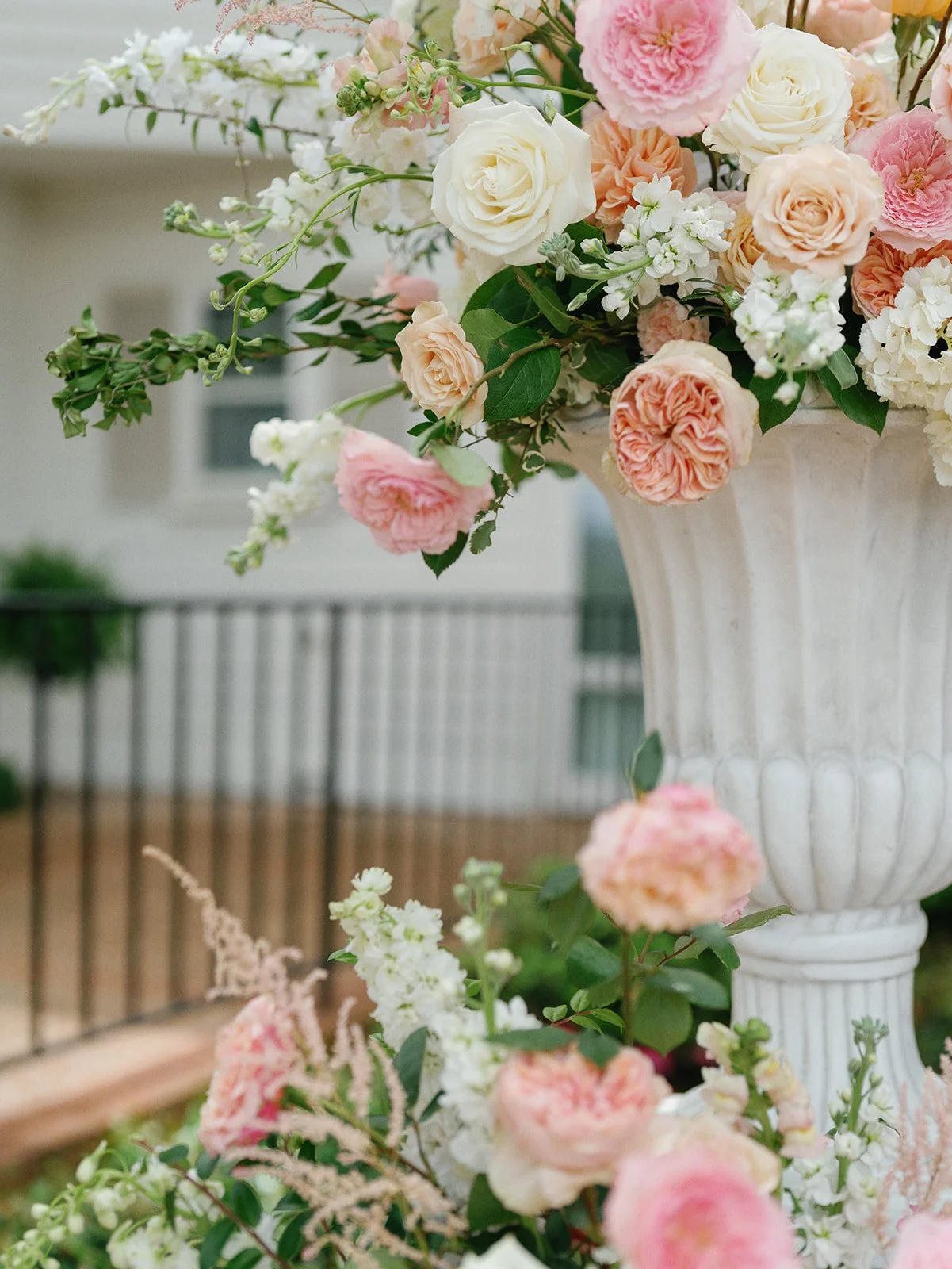  Close-up of blush, peach and ivory garden roses from a Commodore Perry Estate wedding ceremony 