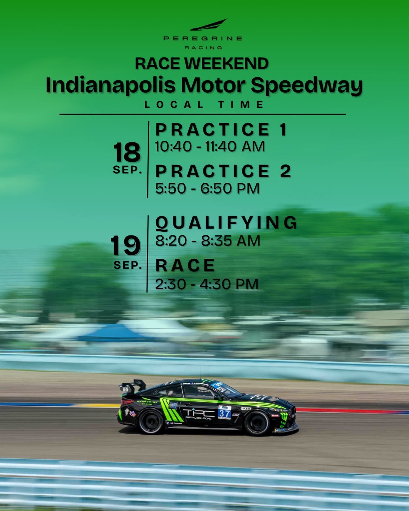 Race week at Indianapolis Motor Speedway is here! Here's what's on deck for the weekend! 📆

#PeregrineRacing #BMWM4GT4 #IMSA