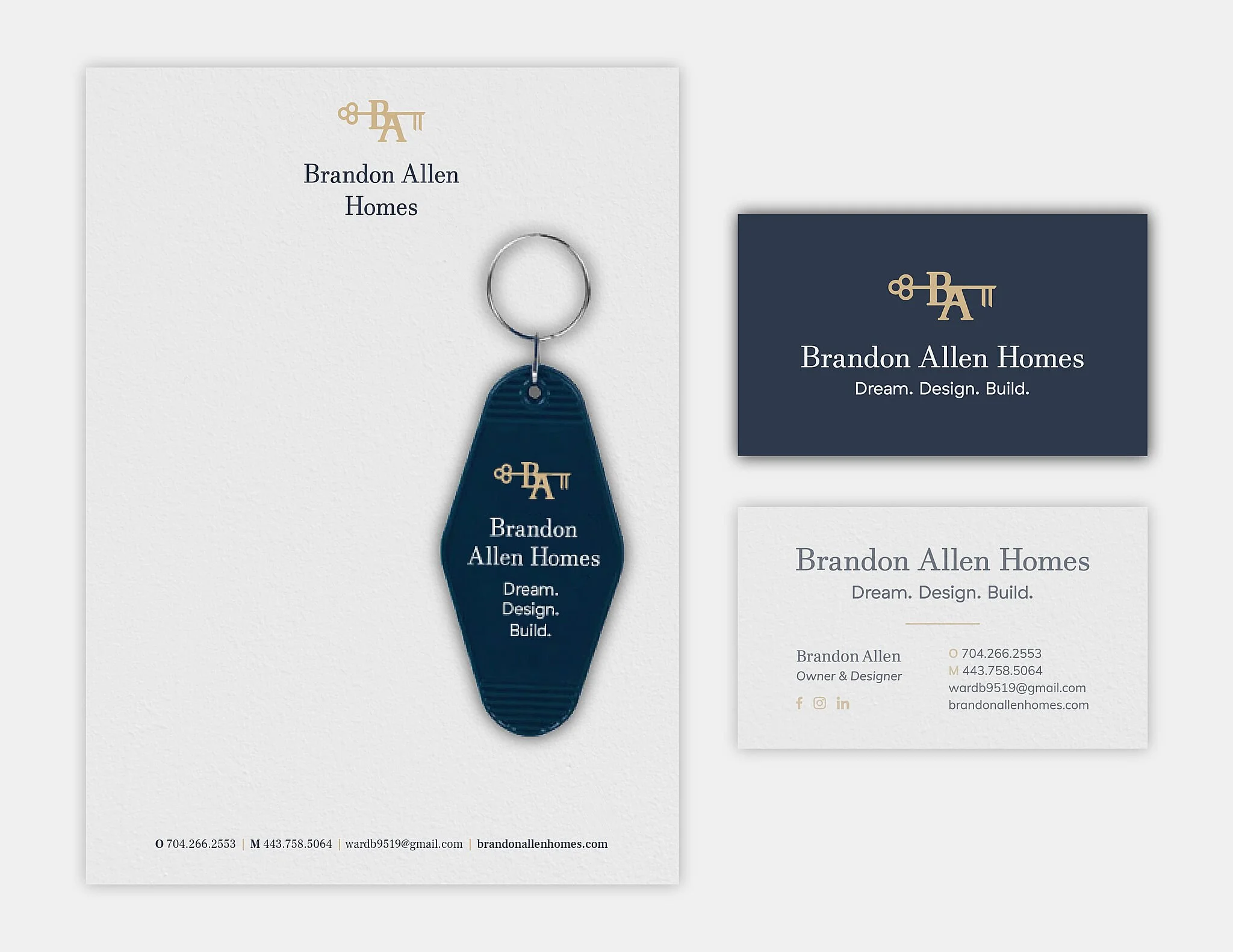 Letterhead, keychain mockup, and business card examples