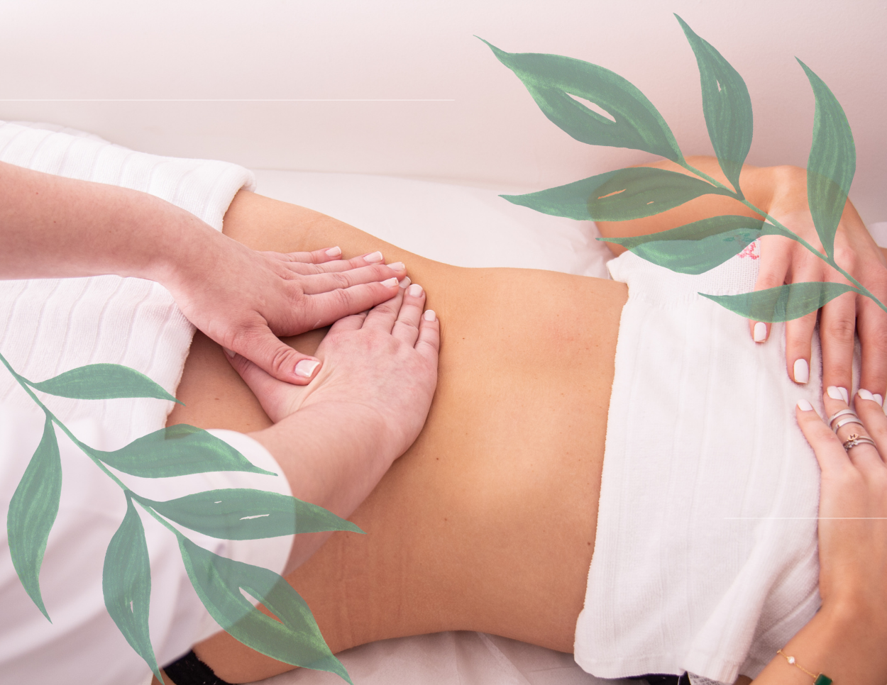 A person receiving a massage on their lower back with hands applying pressure, surrounded by green leaf illustrations.