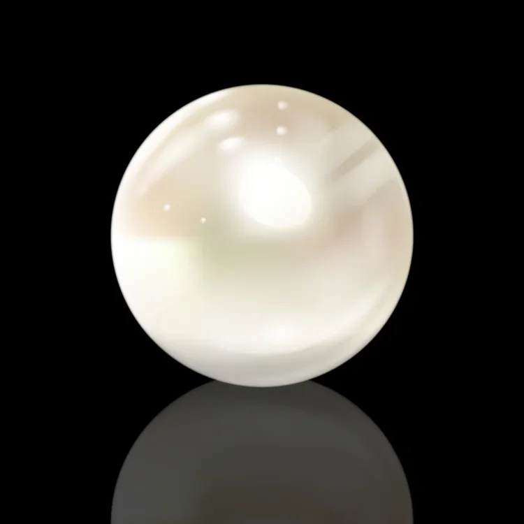 A white pearl with a reflective surface against a black background, showing reflections and a subtle sheen.