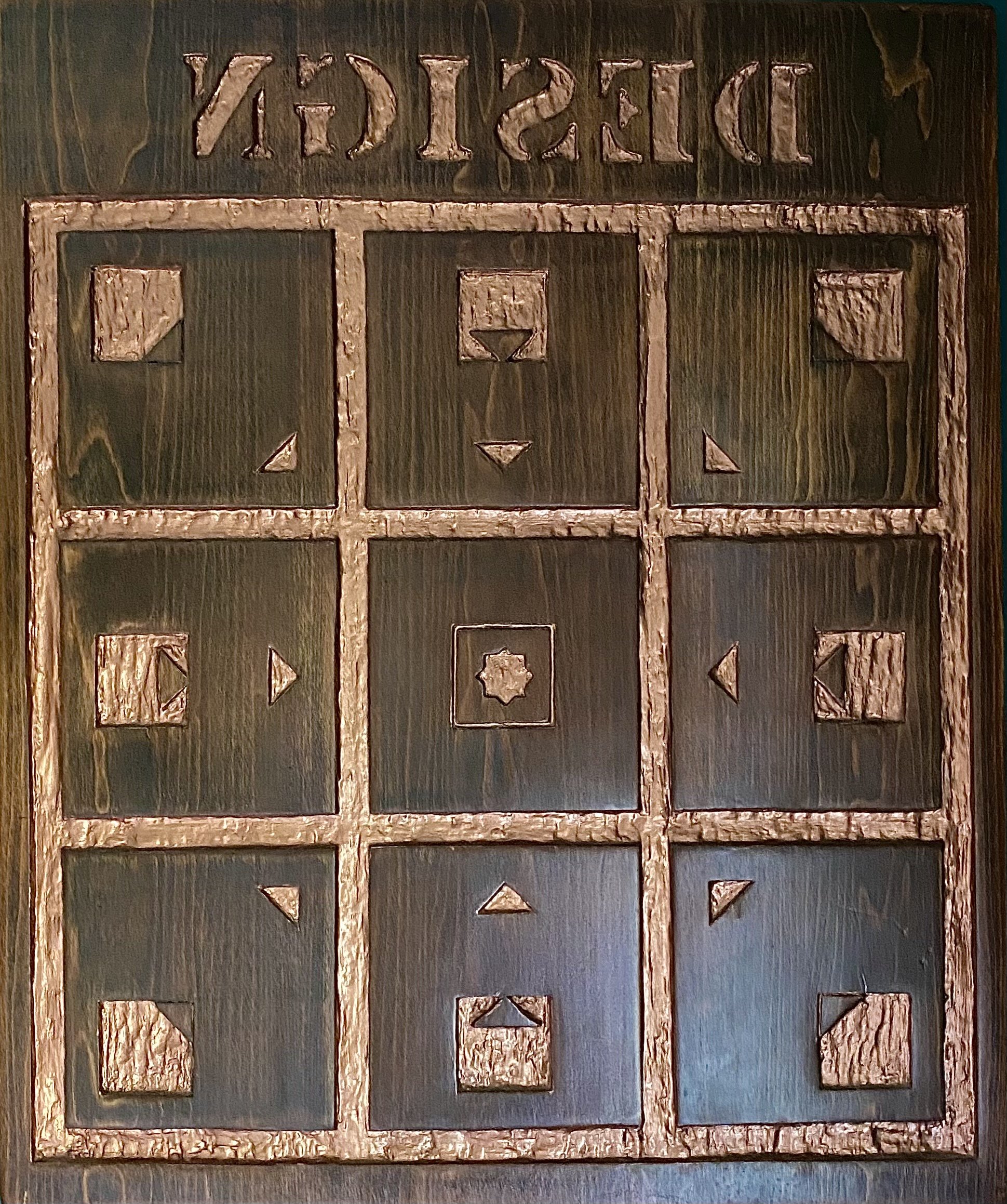 Woodcut for Design: A Movement to Center (cherry woodcut with copper leaf), 1990
