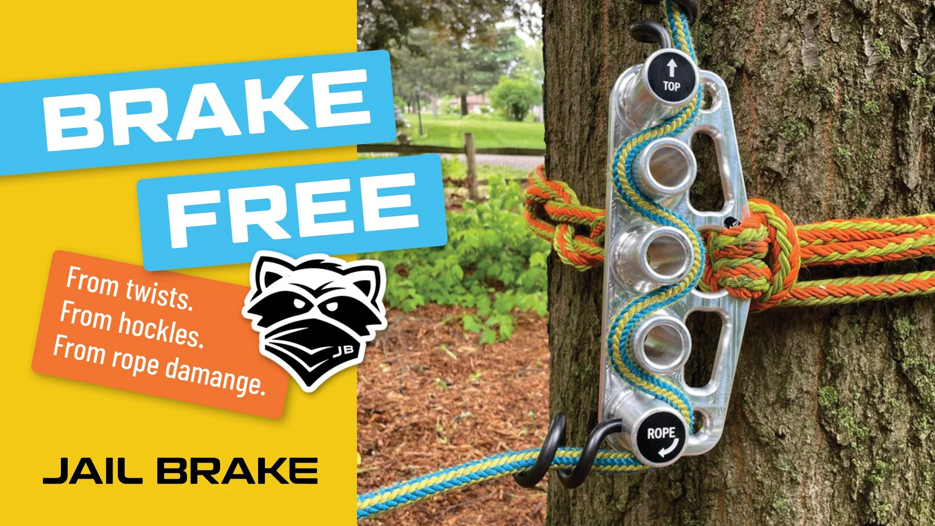 Jail Brake ad featuring Jail Brake device, "Brake Free" messaging as well as raccoon logo.