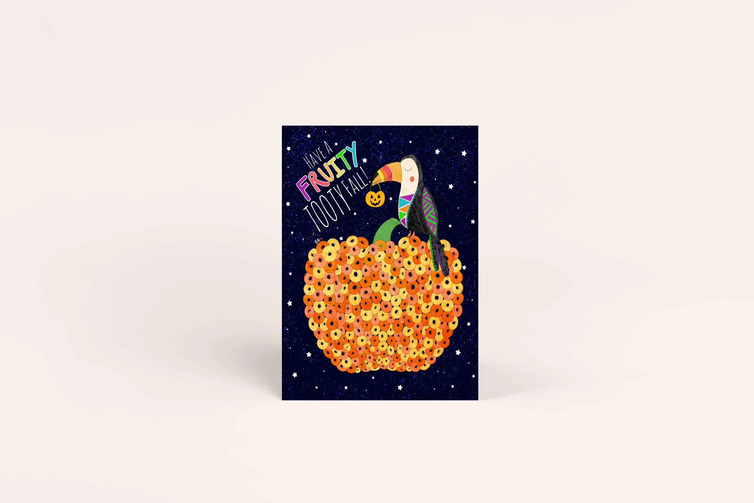 toucan halloween card fruit loops pumpkin