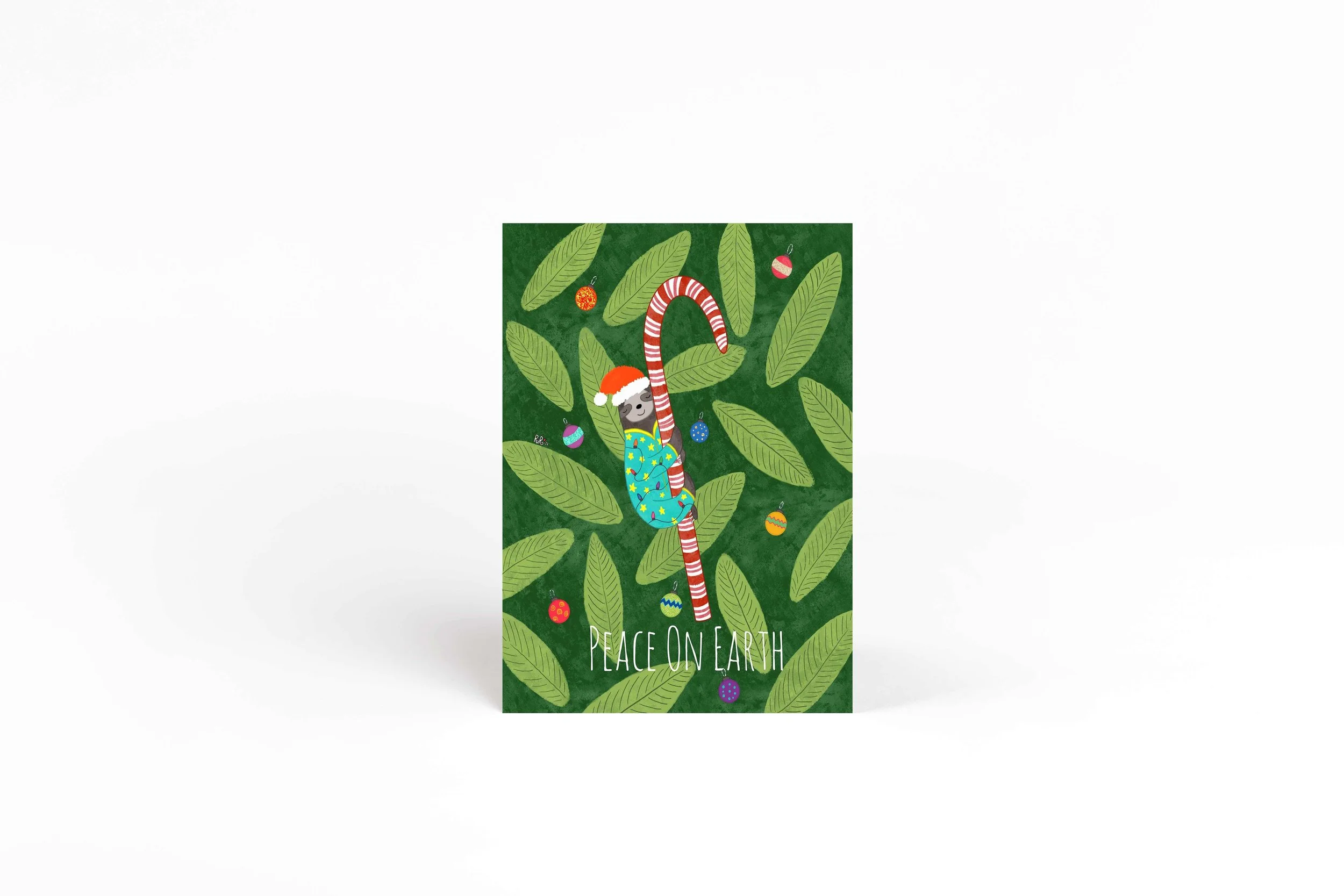 sloth christmas card, sloth greeting, candy cane christmas card