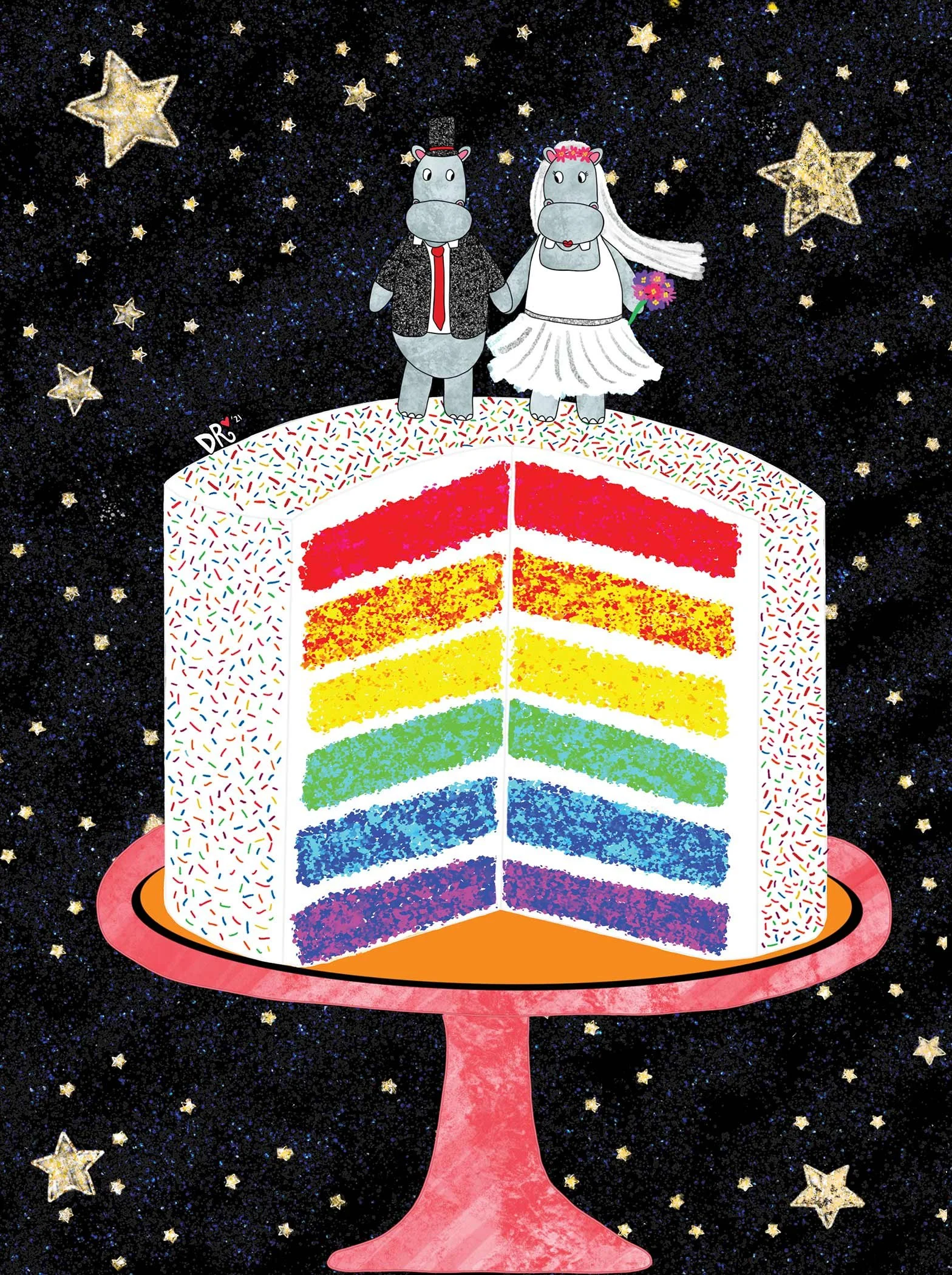 hippo wedding card, animal wedding card, hippo love card, wedding cake card