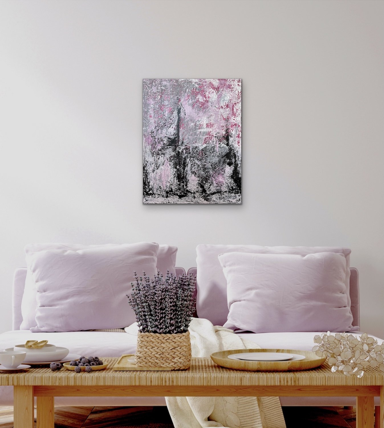 Peinture Abstraite Moderne Rose, Grise, Noir Blanche par Annie Carpentier Peintre Québécoise