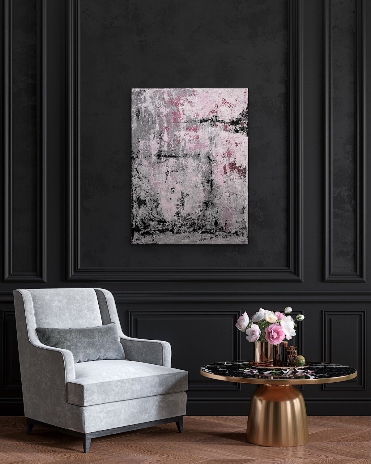 Grande Peinture Abstraite Moderne Rose, Grise, Noir Blanche par Annie Carpentier Peintre Québécoise