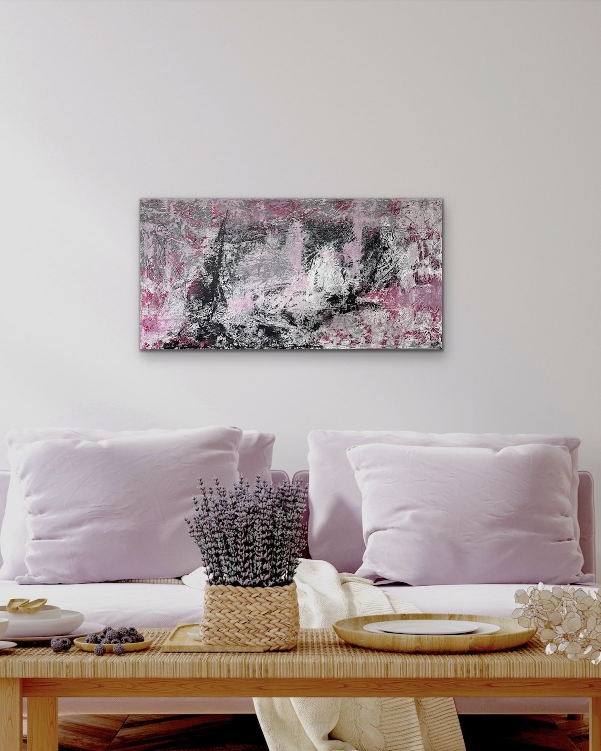 Peinture Abstraite Moderne Rectangulaire horizontale Rose, Grise, Noir Blanche par Annie Carpentier Peintre Québécoise