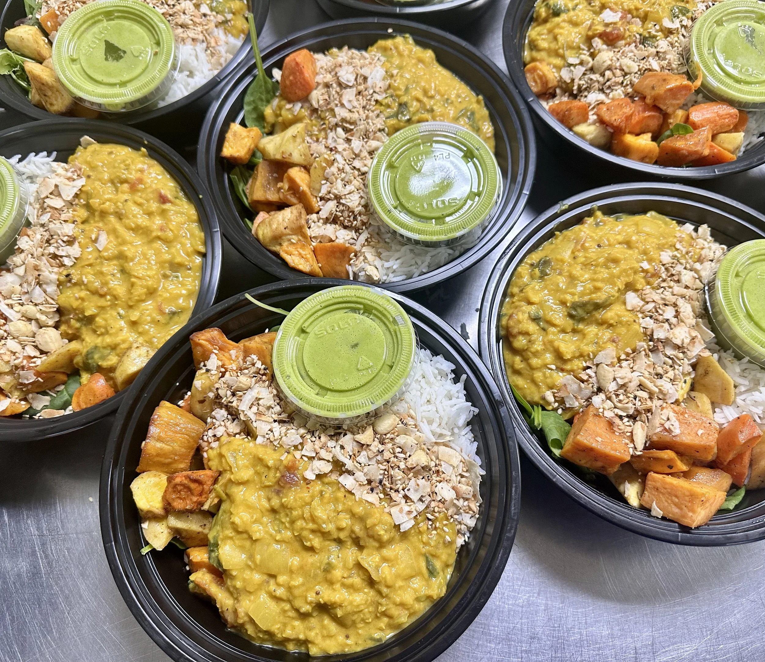 Red Lentil Dahl with Roots, Rice and Cilantro Chutney, Individual