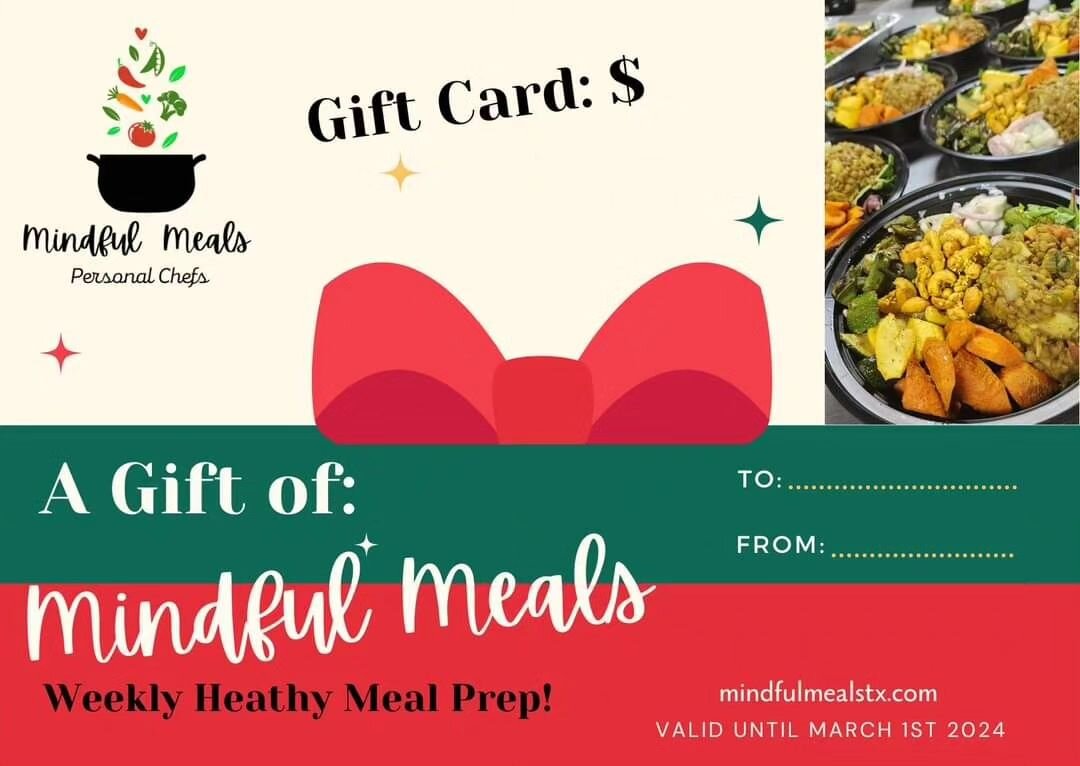 Need a last minute gift idea???????

How about a Mindful Meals Gift Card??!

We offer a weekly veggie based meal delivery service focusing on wholesome ingredients, Texas produce, BIG flavors and lots of Love. 

Our menu is completely Gluten Free and