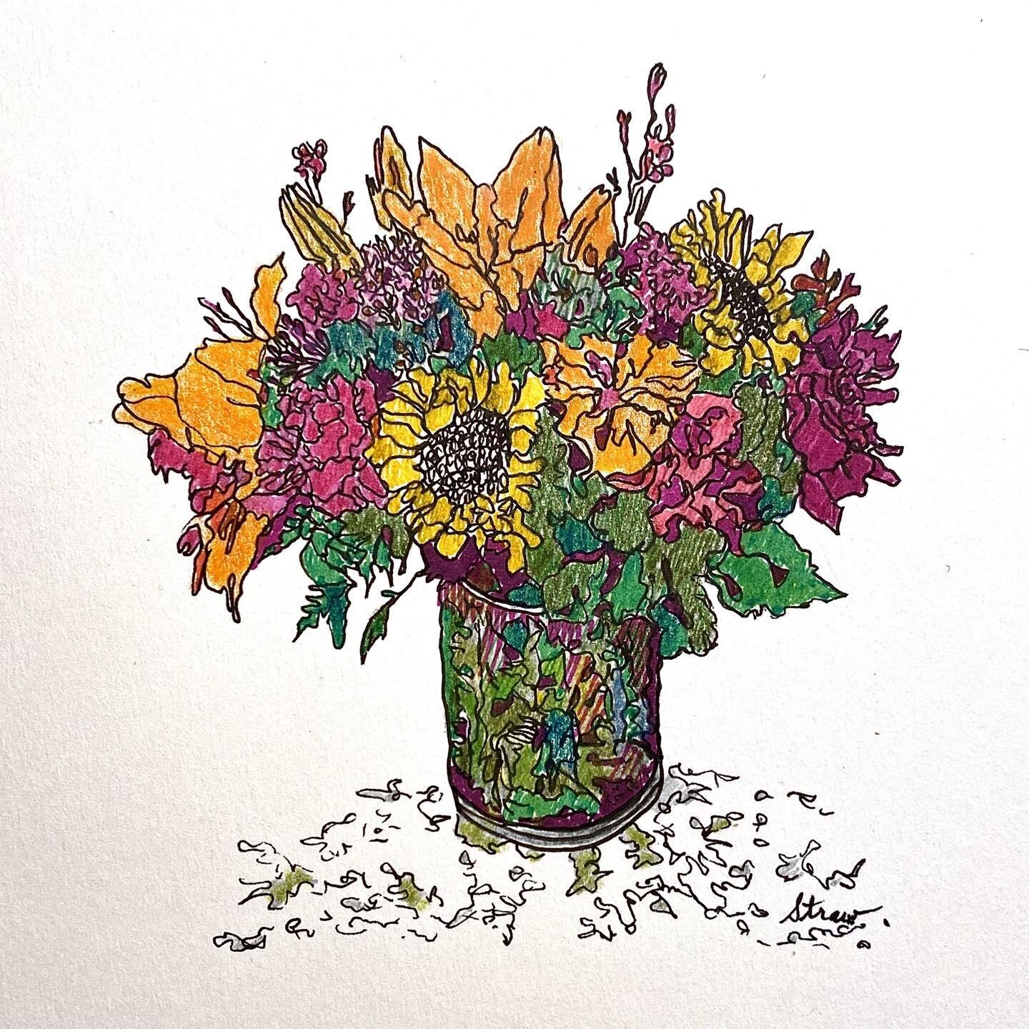 Debbie&rsquo;s Birthday Bouquet #illustrator#micronpenart#micronpen#mixedmedia#painter#micronpen#micronart#artist#graphicdesigner#marthasvineyard#daily_sketches#inkdrawing#floralarrangement#floraldesign#floralillustration