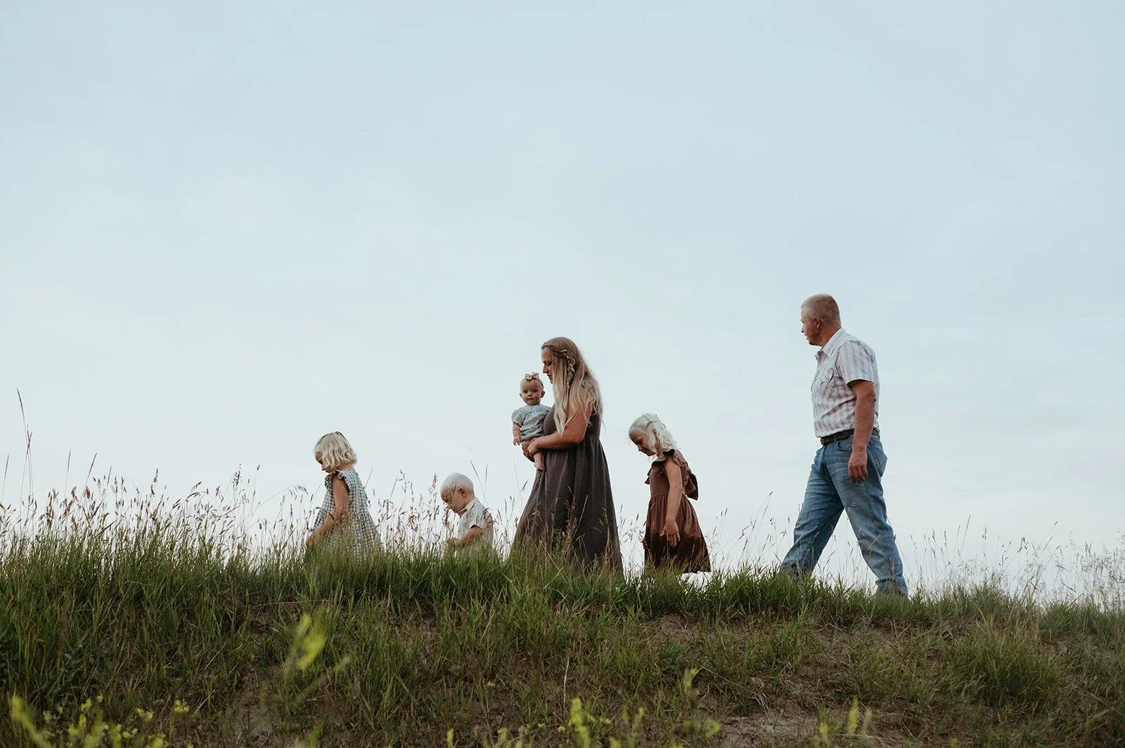 Children and adults playing with a dog outdoors in a grassy field
