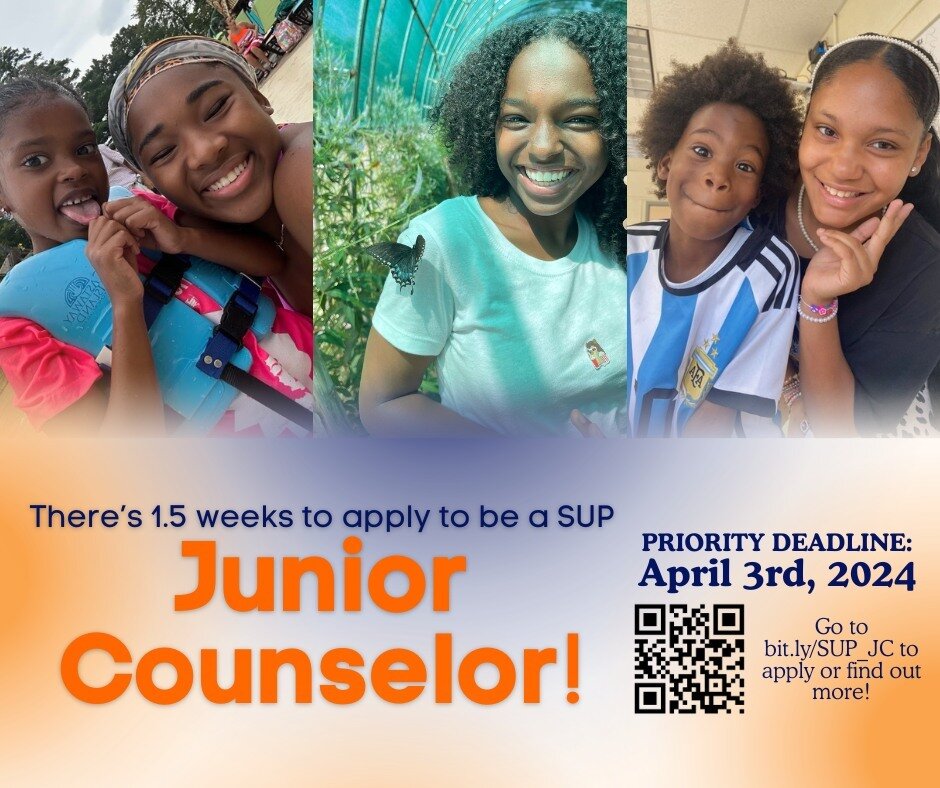 There are still 1 and a half weeks to apply to be a SUP Junior Counselor! 

Go to bit.ly/SUP_JC to apply or find out more!