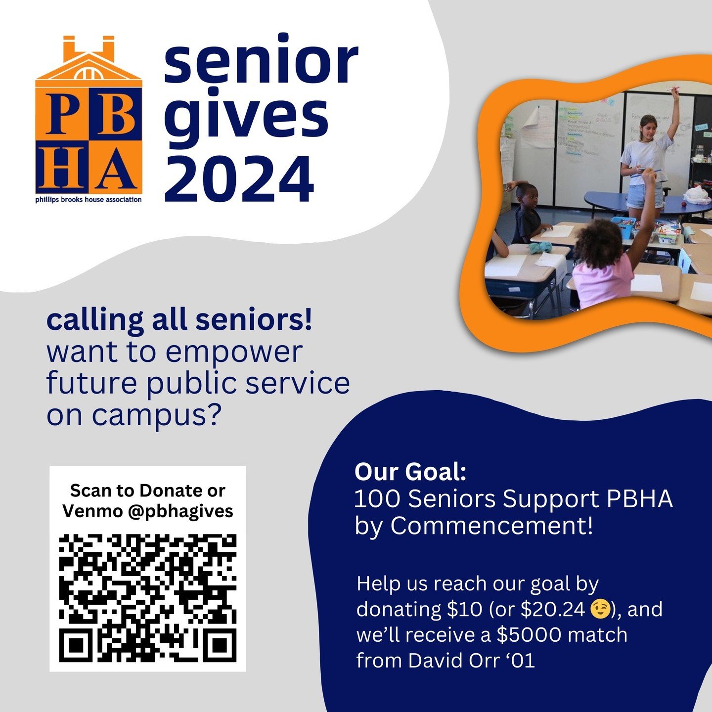 Calling all seniors! Want to empower future public service on campus? 

Help us achieve our Senior Gives 2024 goal! 📚 This year, our goal is for 100 seniors to donate $20.24 (or at least $10) to PBHA before they graduate!

You can donate through the
