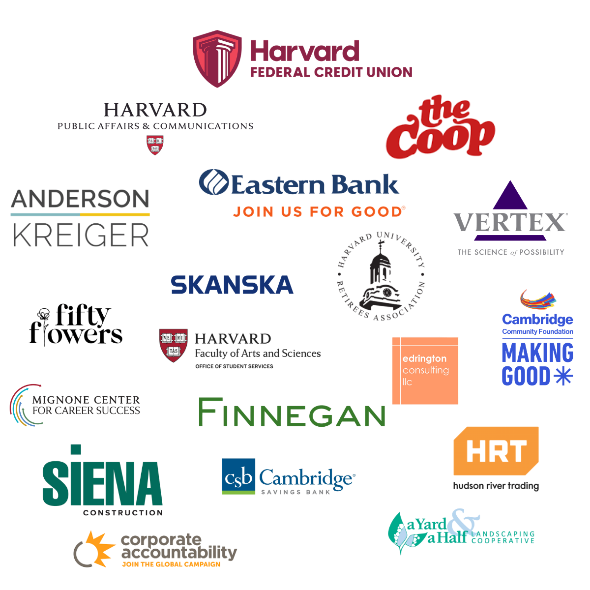 A colorful infographic displaying logos and names of various universities, organizations, companies, and institutions, such as Harvard University, Eastern Bank, The Coop, Skanska, Siena, and Cambridge, arranged in a layered, interconnected manner.