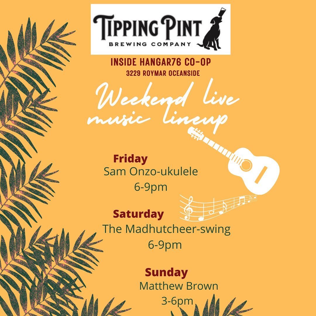 Happy Tuesday friends! Here&rsquo;s our Weekend music &amp; food truck lineup from September 9-11th. See ya soon! Cheers!🍻

We are Inside Hangar76 Co-op
3229 Roymar, Oceanside CA 92056
M-Th 3-8pm, Fri- 3-10pm
Sat- 12-10pm, Sun- 12-8pm
Live 🎶 &amp; 