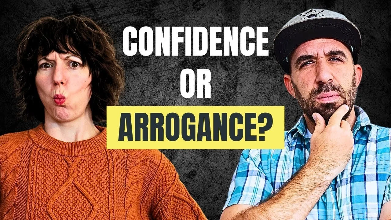 Nikki in orange sweater, Chris in blue striped shirt, confidence or arrogance