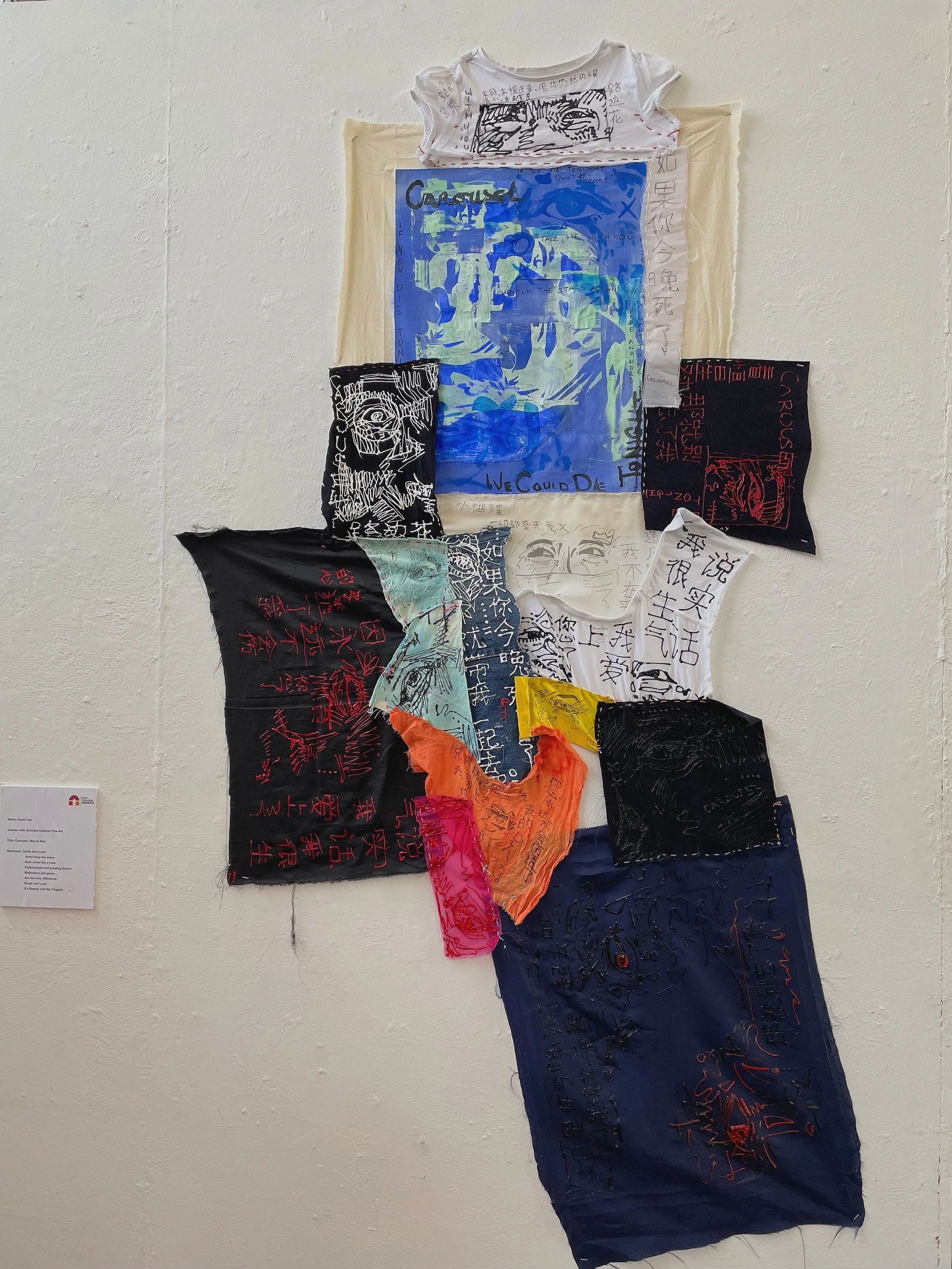 As an exploration of media, I did some icing paintings on some pieces of fabric. In the end, I decided to sew them altogether into one piece to display in the exhibition.