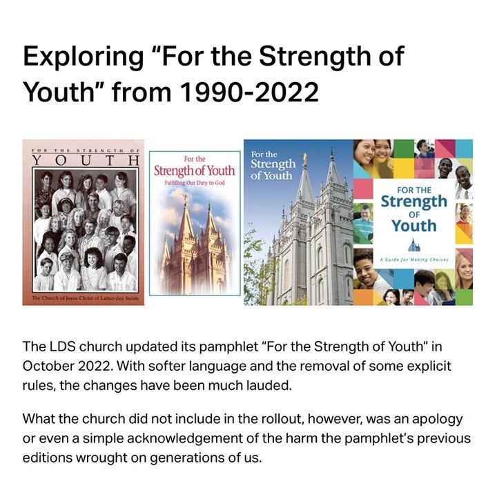 How different is &quot;For the Strength of Youth&quot; now? 

I made this guide to compare the versions from 1990, 2001, 2011, and 2022. There are videos from my archive to go along with the text.

I needed to make it to make sense of my own story, b