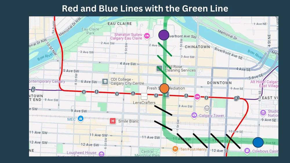 The train would use a bored tunnel between the Blue and Orange dots and a cut and cover tunnel from Orange to Purple. At no point would we tunnel under the river.