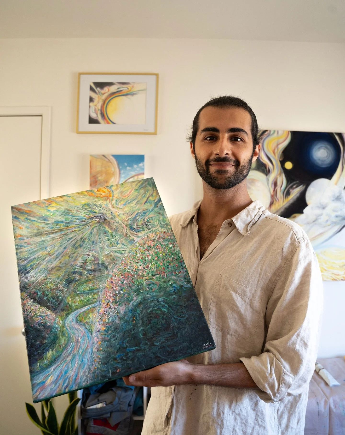 Astral Beatitude
2017-2021, Oil on Canvas
By Bardia Soltani

Somewhere, beyond the veil,
where mind and matter collide in auroral beatitude
you can visit these flowerful rounding hills
soak in the winding, rolling river, illumined with eternity
charg