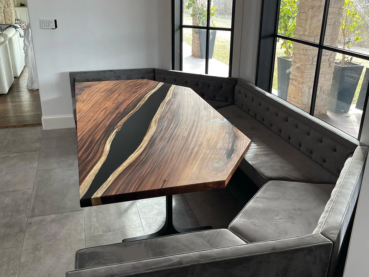 Costa Rican Monkey Pod Dining Table · Smoked epoxy river · 48" x 96"