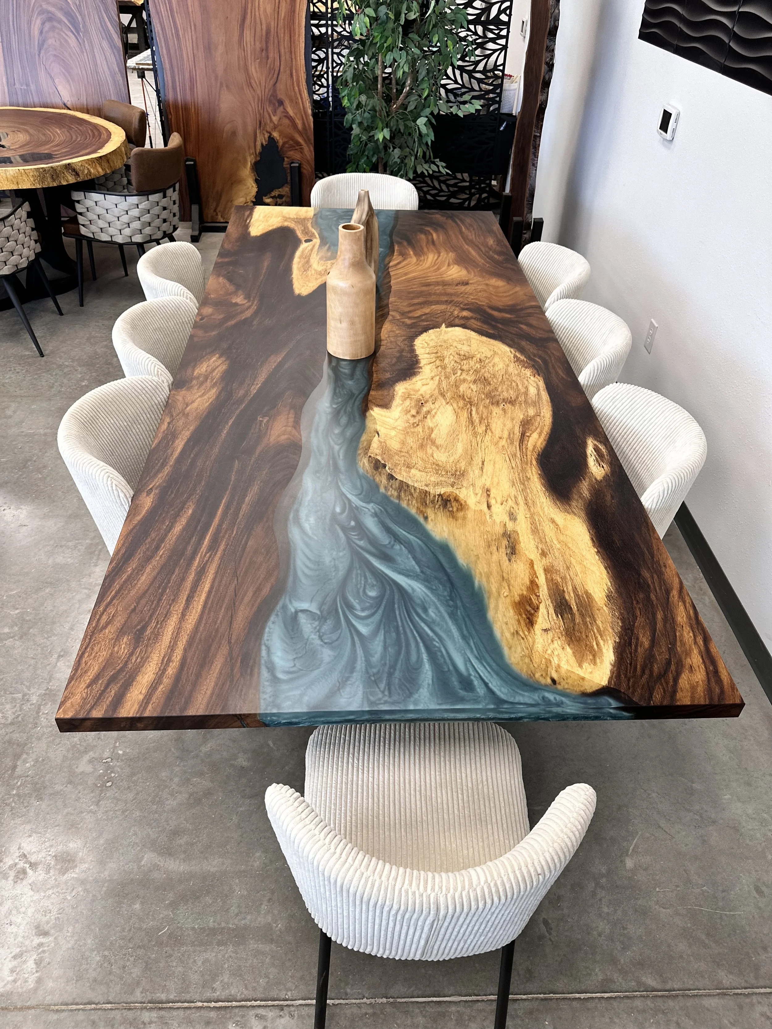 Costa Rican Monkey Pod dining table · multi-color epoxy river · 36" x 114" 