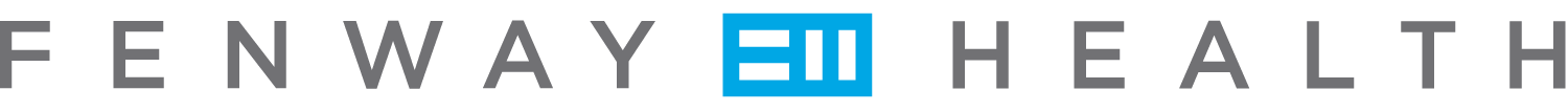 Fenway Health logo with a blue square and gray text on a transparent background.