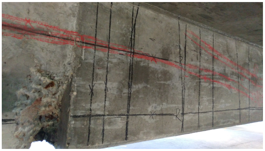Detailed GPR scan markings indicating post-tension cable profile and steel rebar layout on concrete beam
