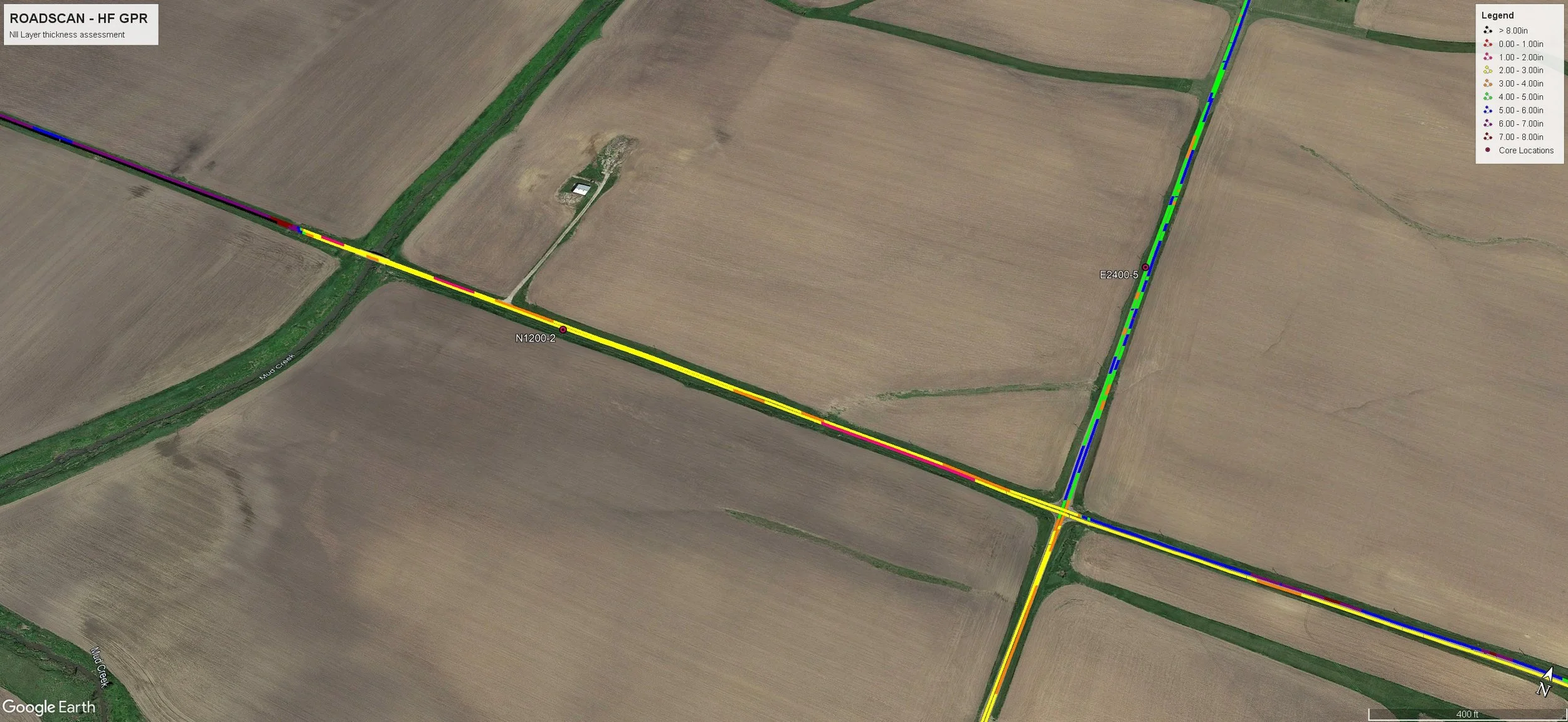 RoadScan-GPR color-coded pavement thickness map showing layer thickness variations along roadway alignment