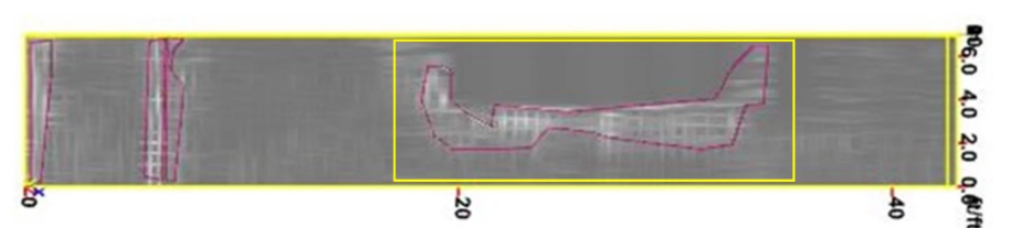 3D GPR layer thickness mapping showing subsurface void locations with equipment placement footprint overlay for risk assessment