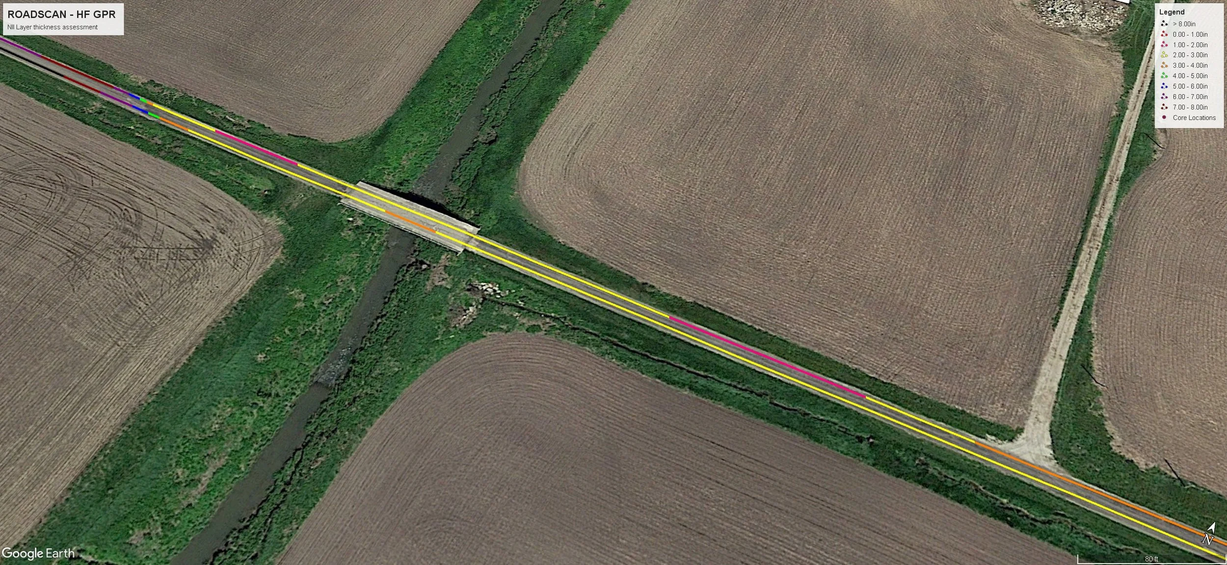 RoadScan-GPR assessment displaying georeferenced pavement layer thickness data along roadway corridor