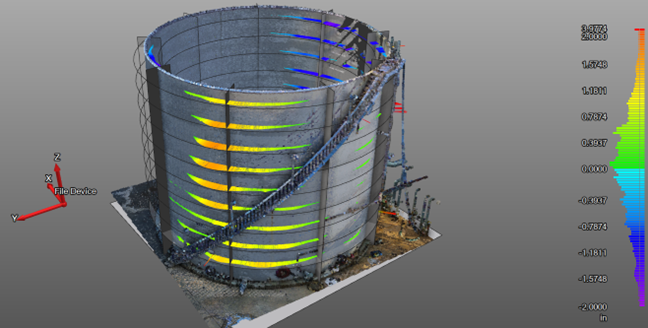 High-resolution 3D point cloud model of storage tank with color-coded surface analysis
