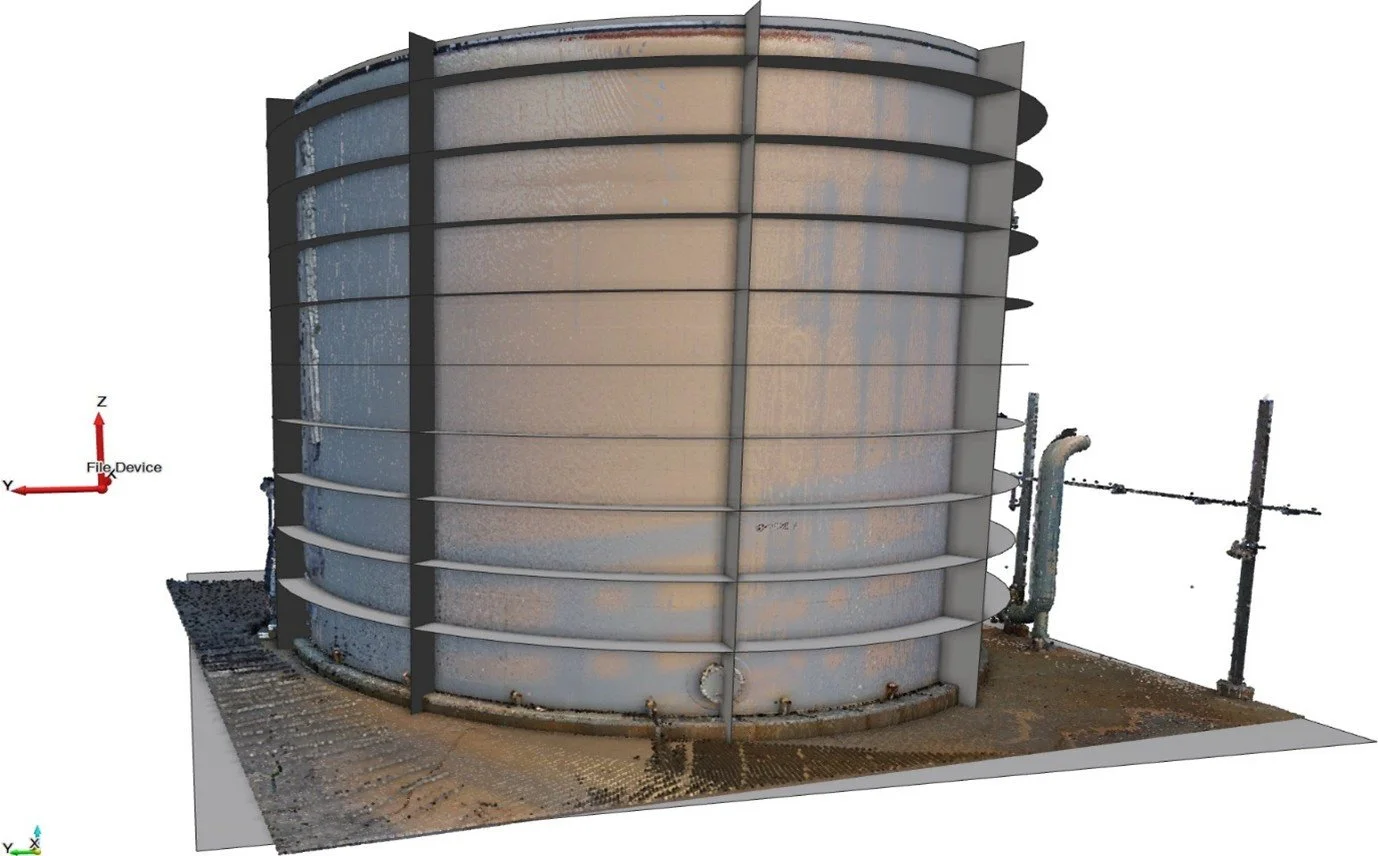 3D laser scan of industrial storage tank showing detailed point cloud documentation