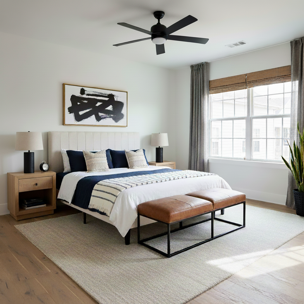 A modern bedroom with a large bed, two nightstands with lamps, abstract artwork above the headboard, a ceiling fan, a window with blinds and curtains, and a brown leather bench at the foot of the bed.