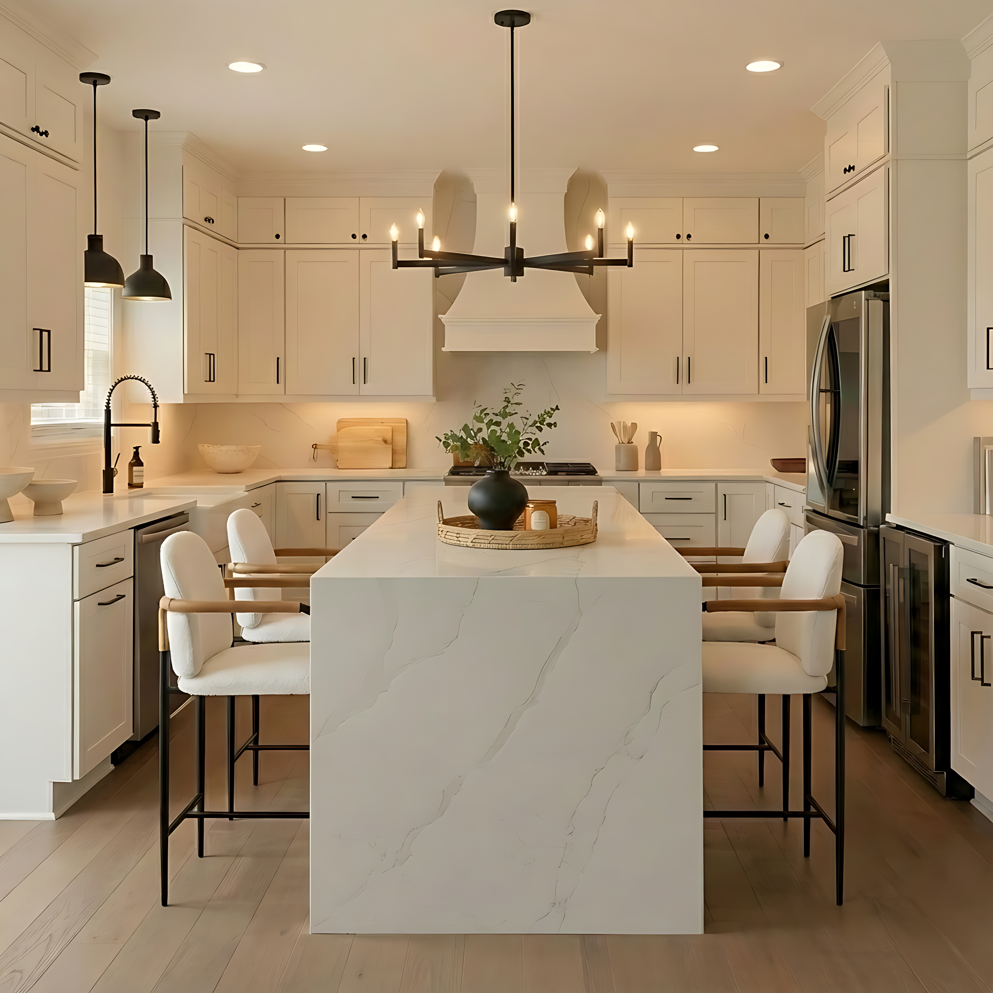 Modern kitchen with white cabinetry, marble countertops, and a central island with a plant in a black vase. Pendant lights and a chandelier illuminate the space.