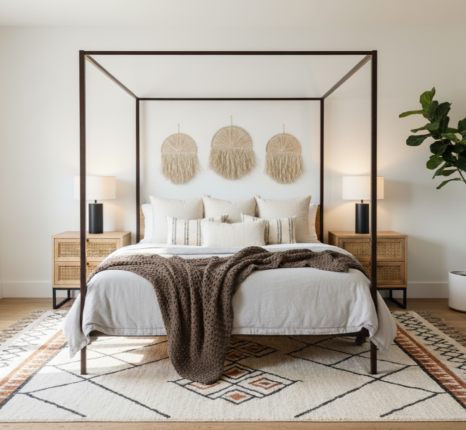 A stylish bedroom featuring a four-poster bed with neutral bedding and decorative pillows, flanked by two wooden nightstands with black and white lamps, topped with woven wall art, and a large potted plant on the right.