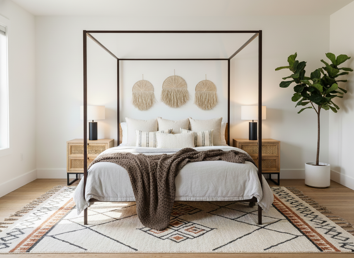 Serene neutral bedroom with layered bedding, soft textures, and calming organic design