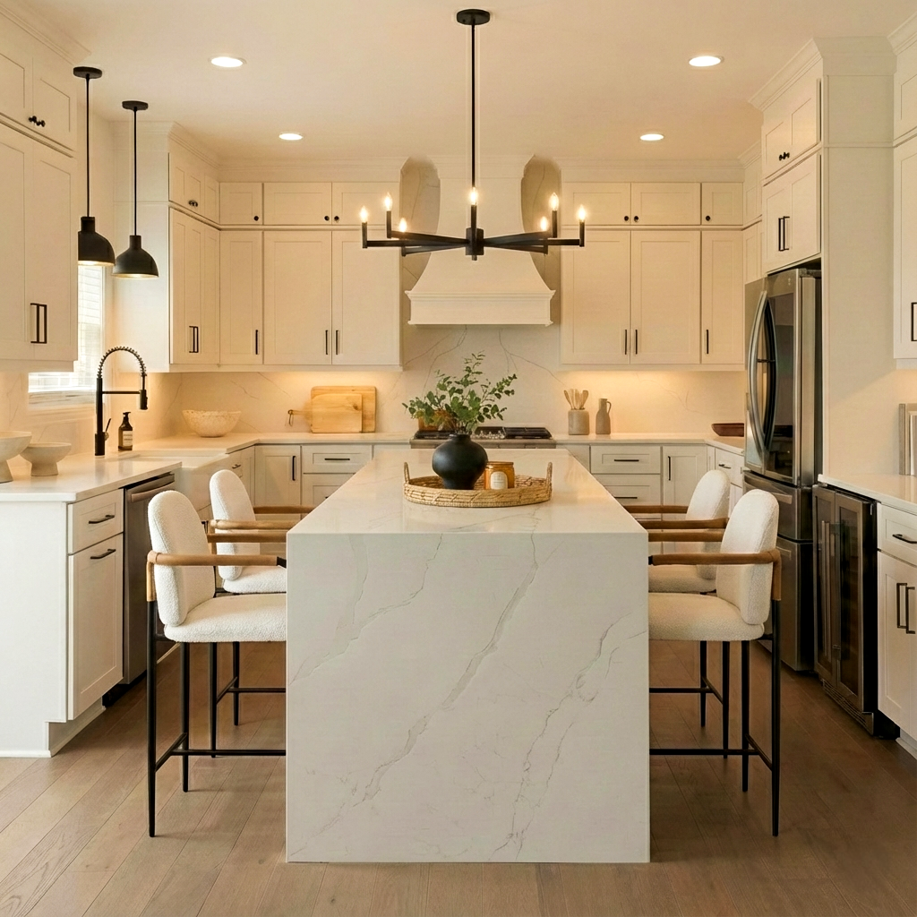 Modern kitchen with white cabinetry, marble countertops, and a central island with a plant in a black vase. Pendant lights and a chandelier illuminate the space.