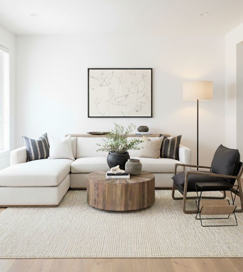 Modern organic living room styled with neutral furniture, natural light, and inviting details