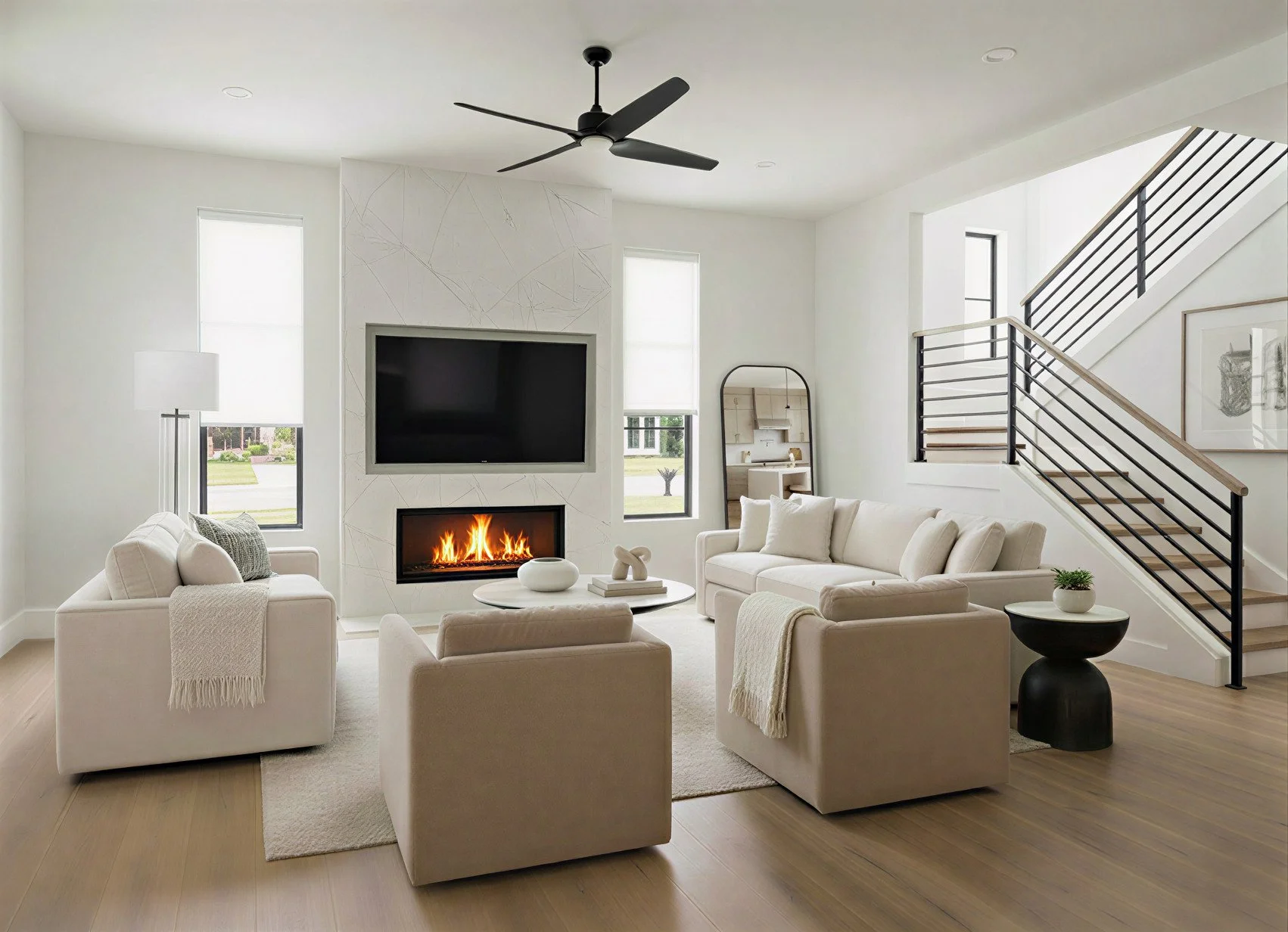 modern organic living room styled with neutral furniture, natural light and inviting details
