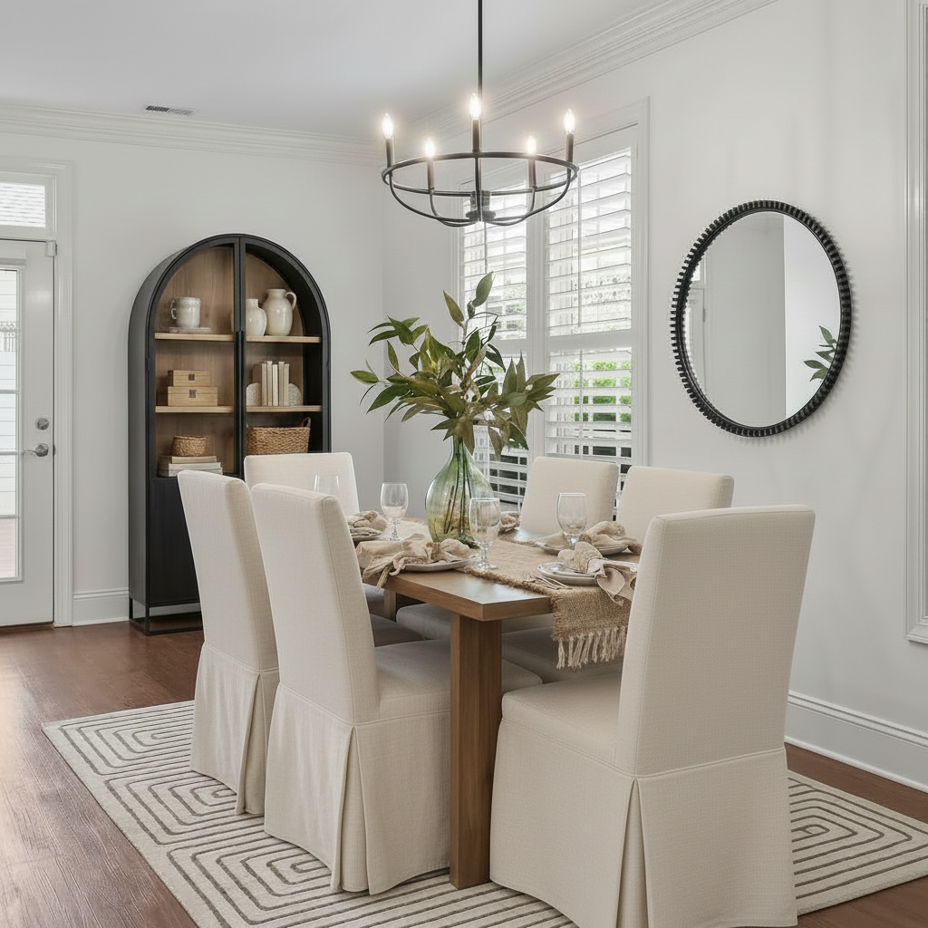 neutral dining room design with a modern table, organic textures, and warm minimalist styling 