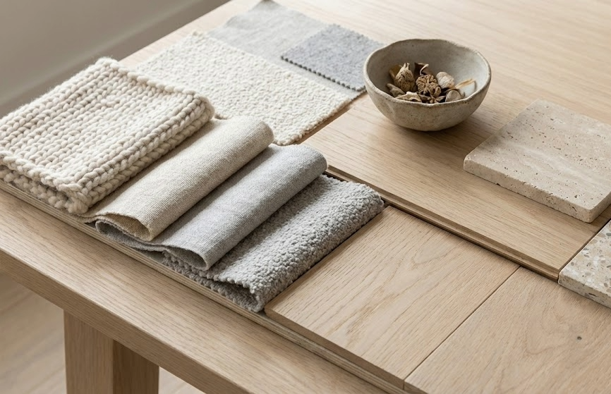 Interior design materials and neutral textures curated by  Cozy Neutral Collective